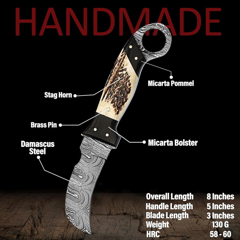 BE BREAK EDGE Handmade Damascus Steel,Deer Antler handle fixed blade knife with Leather sheath, Heavy Duty Utility Knife,Skinning knife for professional. - Image 2